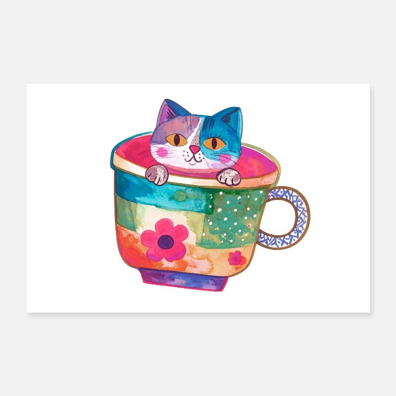 Chat, tasse à café, coloré, illustration, tasse Poster 30 x 20 cm