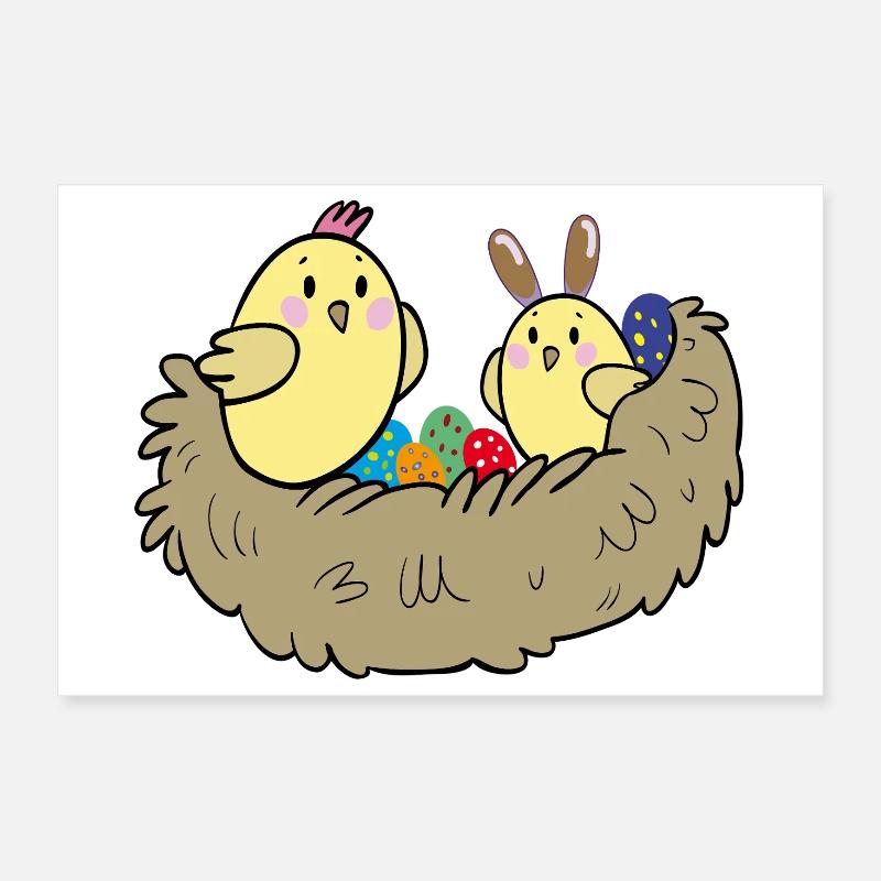Küken mit bunten Eiern im Nest Poster 30x20 cm