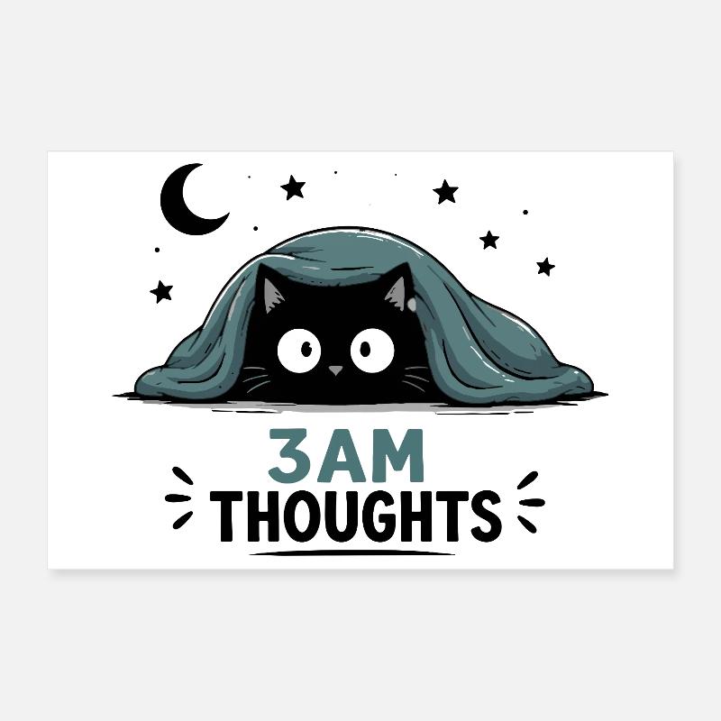3AM Thoughts Funny Black Cat Under Blanket Poster 12" x 8" (30x20 cm)