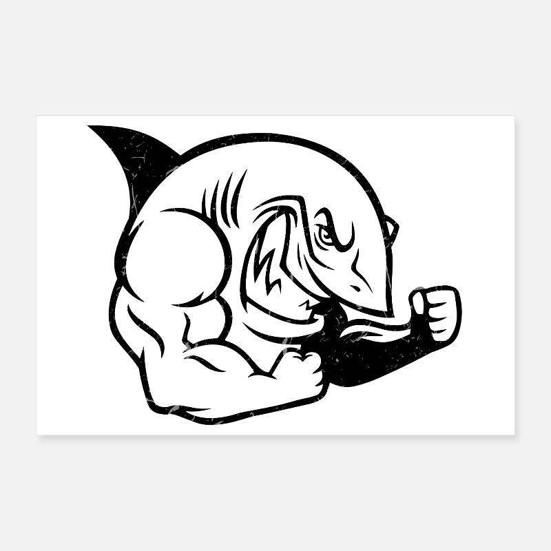 Muscular Shark Bodybuilder Workout Silhouette Poster 12" x 8" (30x20 cm)
