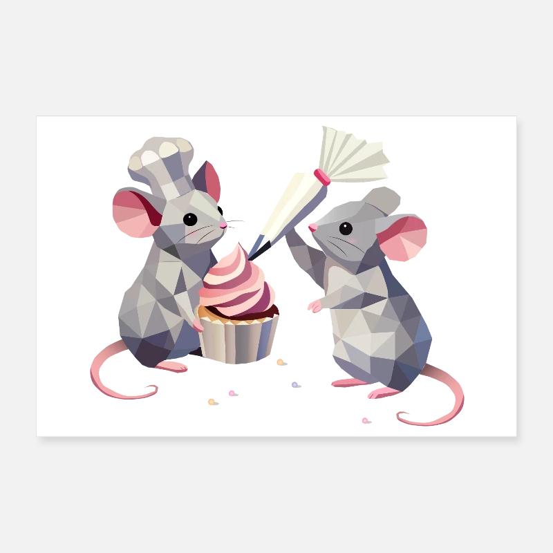 Deux souris mignonnes décorant un cupcake ensemble Poster 30 x 20 cm