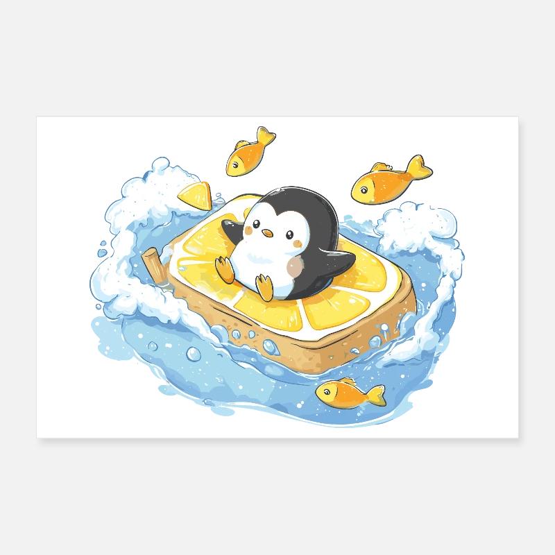 Captain Penguin on Orange Surfboard Poster 12" x 8" (30x20 cm)