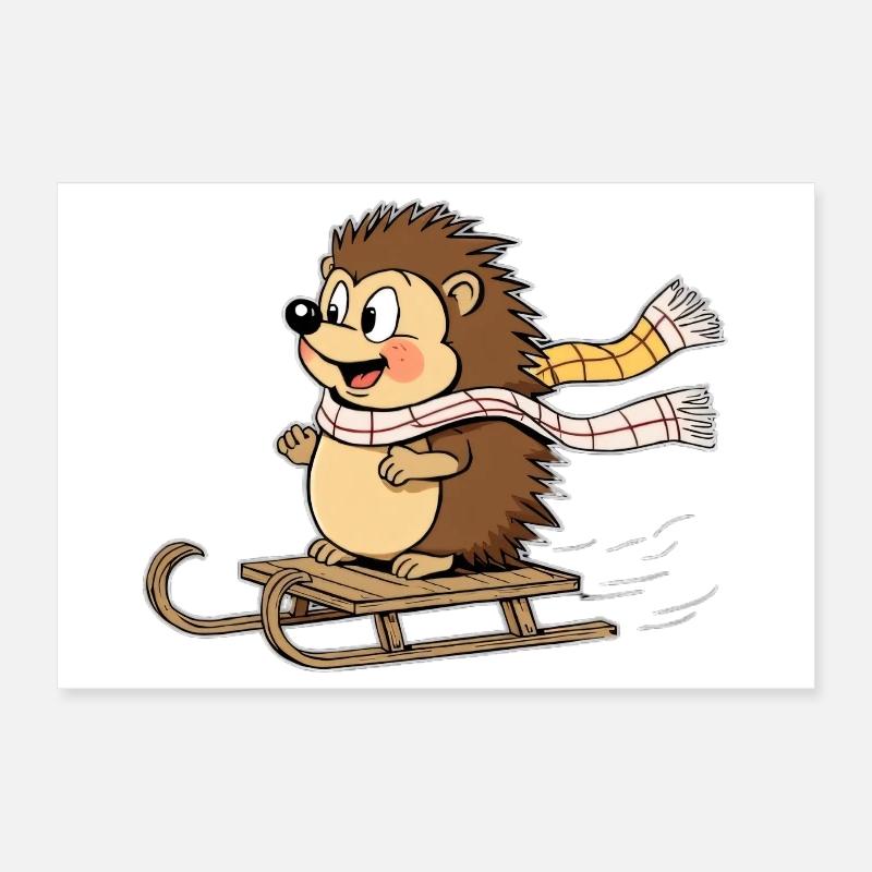 Hedgehog in winter with sled Poster 12" x 8" (30x20 cm)