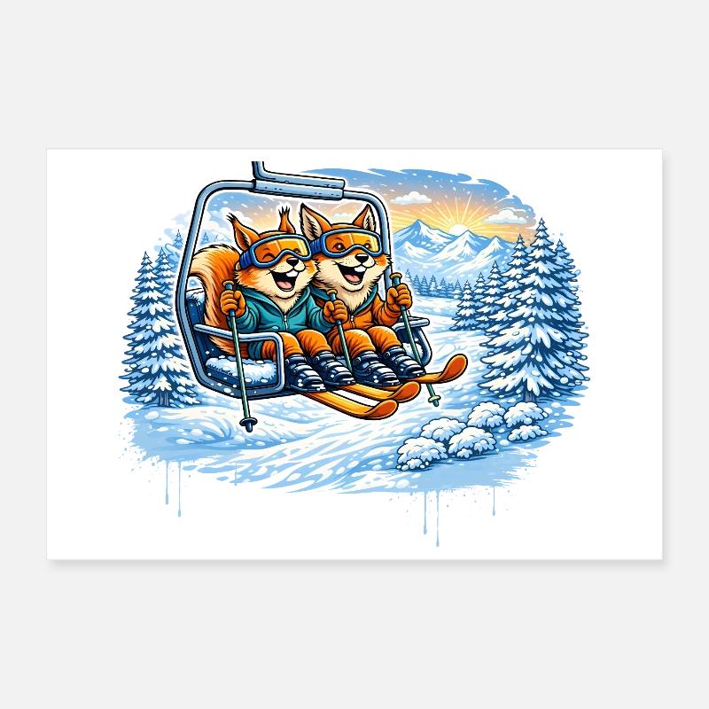 Eichhörnchen & Fuchs im Skilift – Winterspaß Poster 30x20 cm