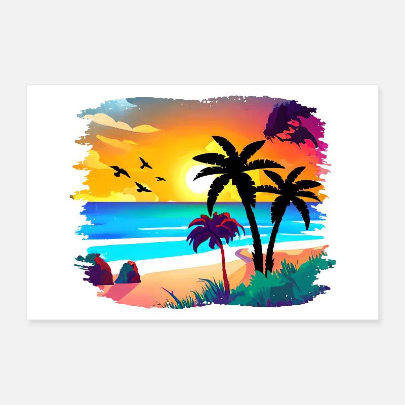 Aquarelle de plage de coucher de soleil d’été Poster 30 x 20 cm
