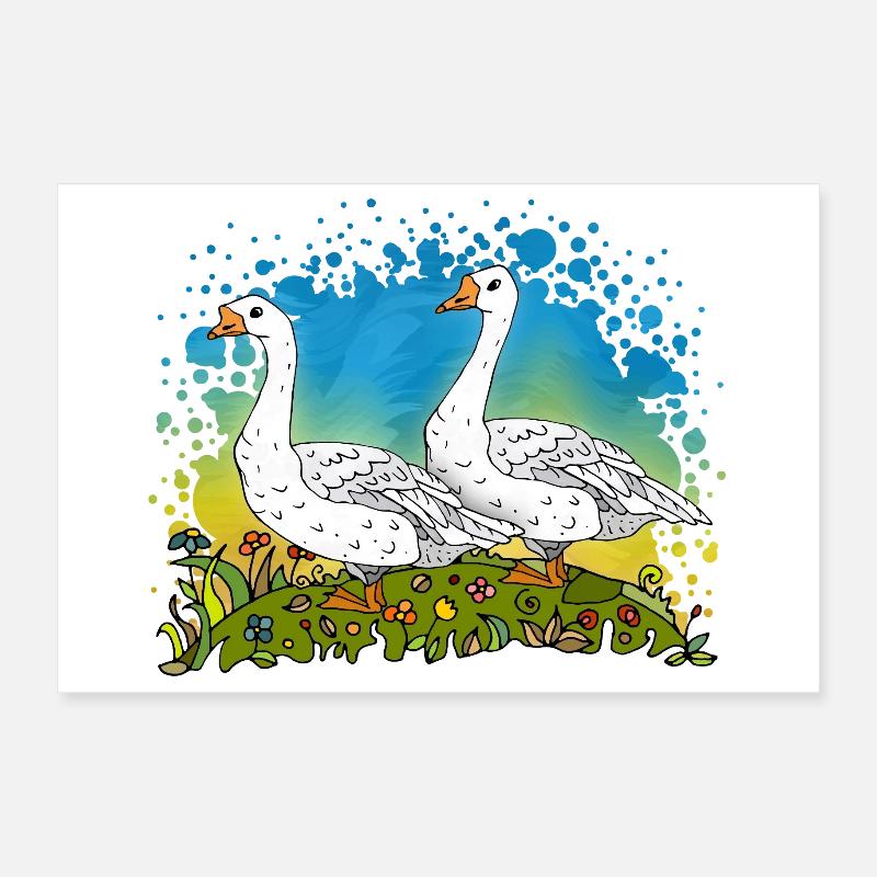 Deux oies sur des pignons verts Poster 30 x 20 cm