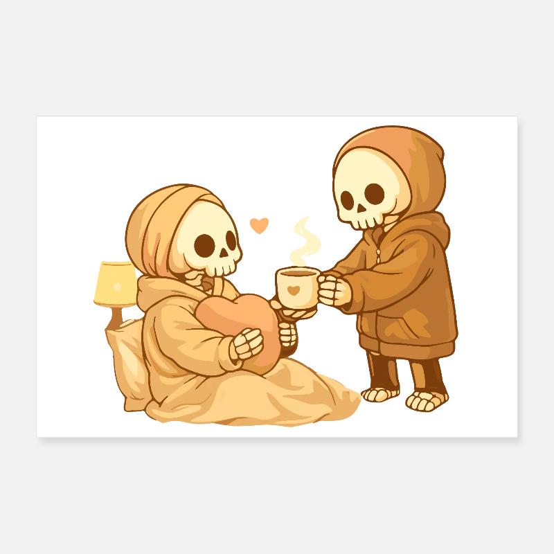 Un squelette douillet apporte le thé – Petit geste, beaucoup de cœur Poster 30 x 20 cm
