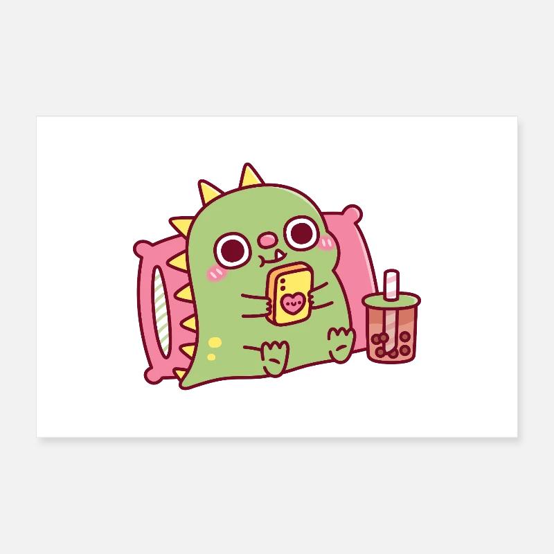 Süßer Dinosaurier entspannt und scrollt auf dem Handy Poster 30x20 cm
