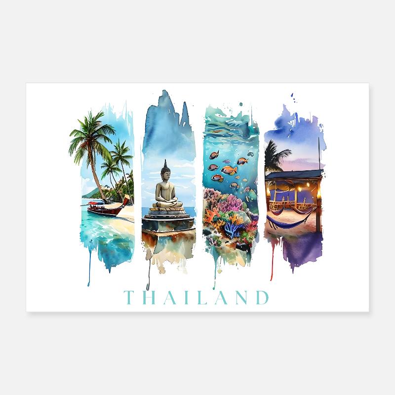 Voyage de vacances en Thaïlande – Bateau à longue queue & Bouddha Poster 30 x 20 cm