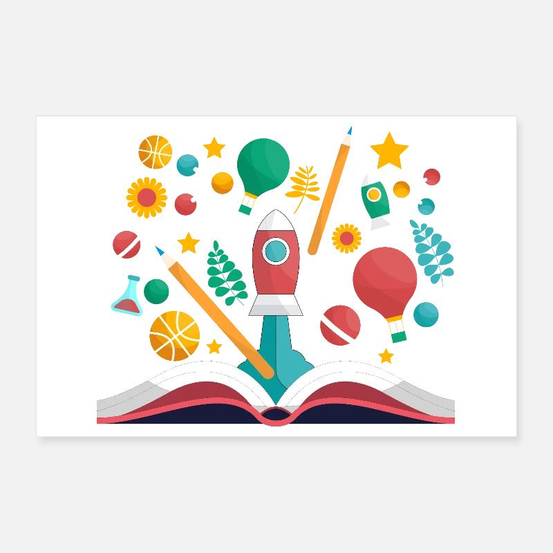 Open Book with School Objects, Learning and Educat Poster 12" x 8" (30x20 cm)