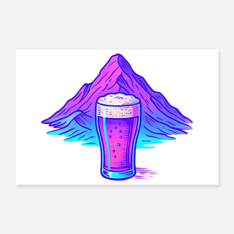 Neon Bierglas vor Berglandschaft Poster 30x20 cm