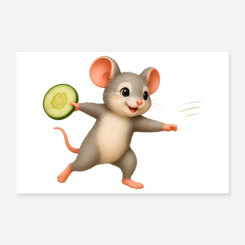 Souris Joyeuse avec Frisbee au concombre Poster 30 x 20 cm