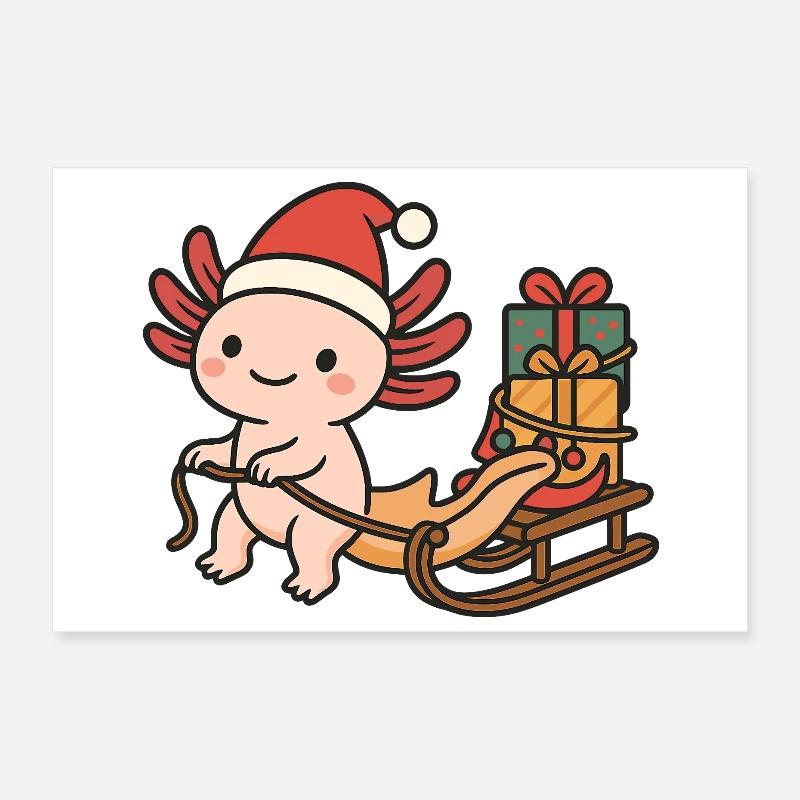 Weihnachts Axolotl – Mit Schlitten & Geschenken Poster 30x20 cm