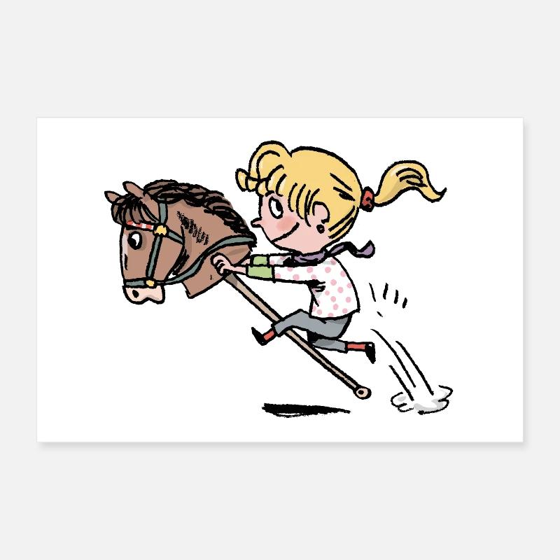 Fröhliches Mädchen reitet ein Steckenpferd Poster 30x20 cm