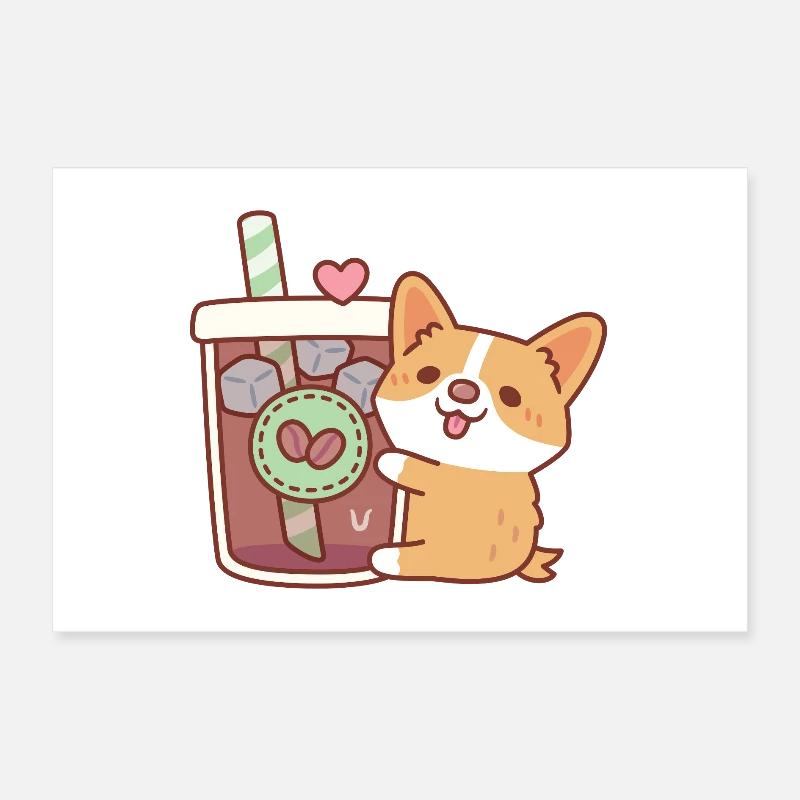 Süßer Corgi Welpe Umarmt Eiskaffee Poster 30x20 cm