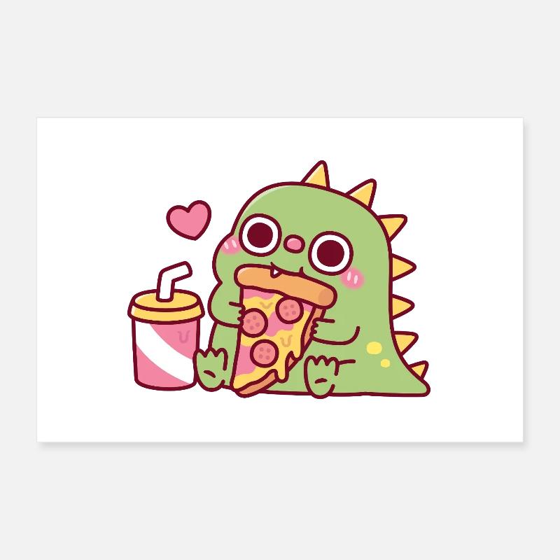 Un dinosaure mignon adore la part de pizza pepperoni Poster 30 x 20 cm