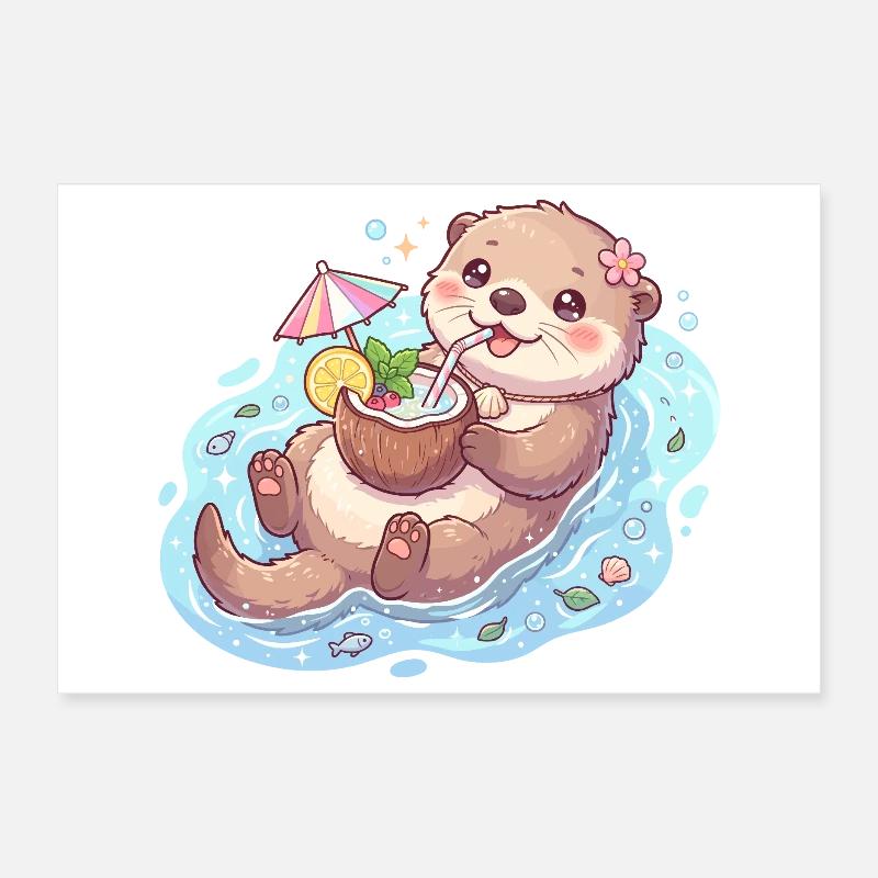 Cute Kawaii Otter Floating with Coconut Drink Poster 30 x 20 cm