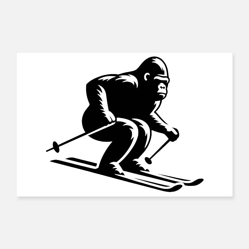 Singe Gorille Chimpanzé Ski Silhouette Design Poster 30 x 20 cm