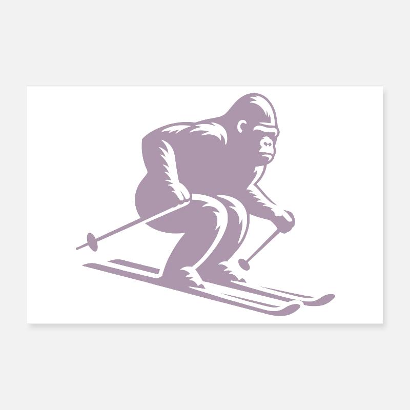 Monkey Gorilla Chimpanzee Ski Silhouette Design Poster 12" x 8" (30x20 cm)