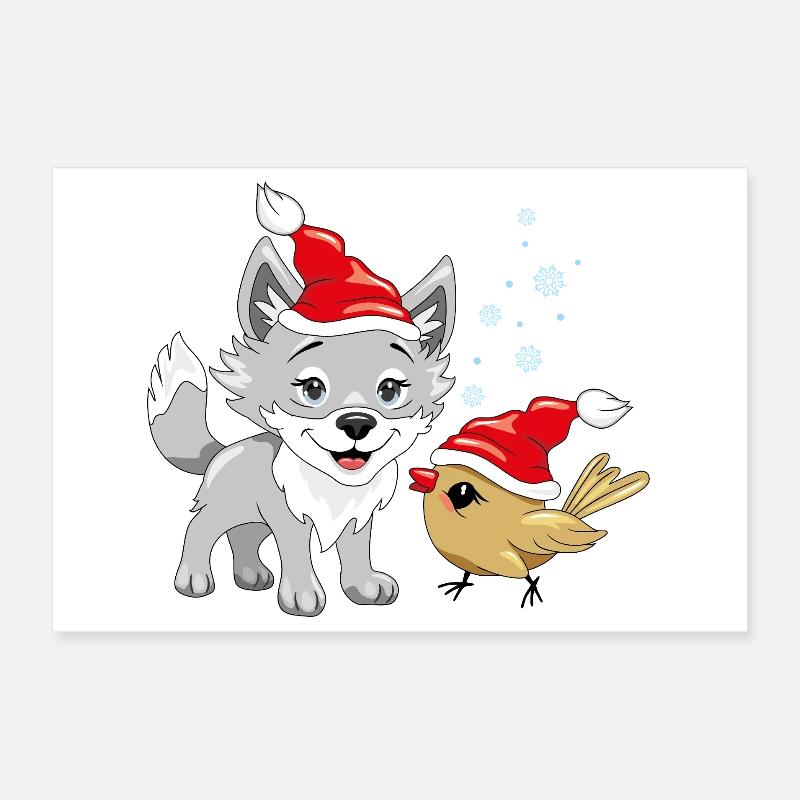 Lächelnder Wolf und süßes Vögelchen in Weihnachtsmützen Poster 30x20 cm