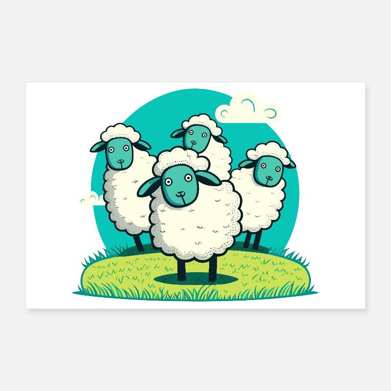 Cartoon lamb on grass round Poster 12" x 8" (30x20 cm)