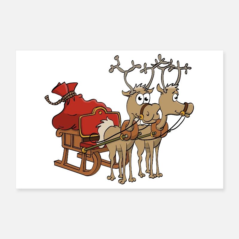 Santa's sleigh with two reindeer. Poster 12" x 8" (30x20 cm)