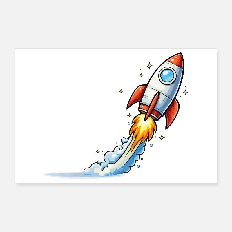 Rocket Launch Cartoon Design Poster 12" x 8" (30x20 cm)