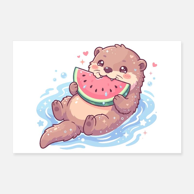 La loutre Kawaii mange de la pastèque Poster 30 x 20 cm