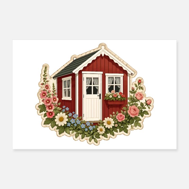 Rotes Schwedenhaus mit Blumen im Tinyhaus Stil  Poster 30x20 cm