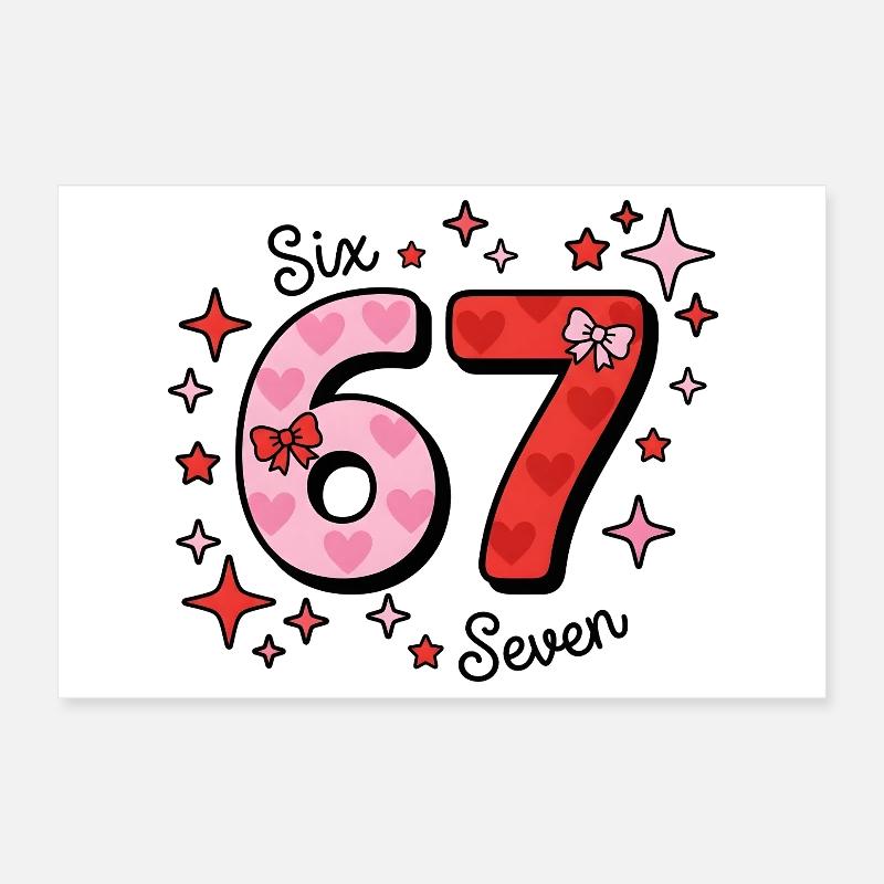 Design Six Seven - Rose + Rouge avec étoiles + Cœurs Poster 30 x 20 cm