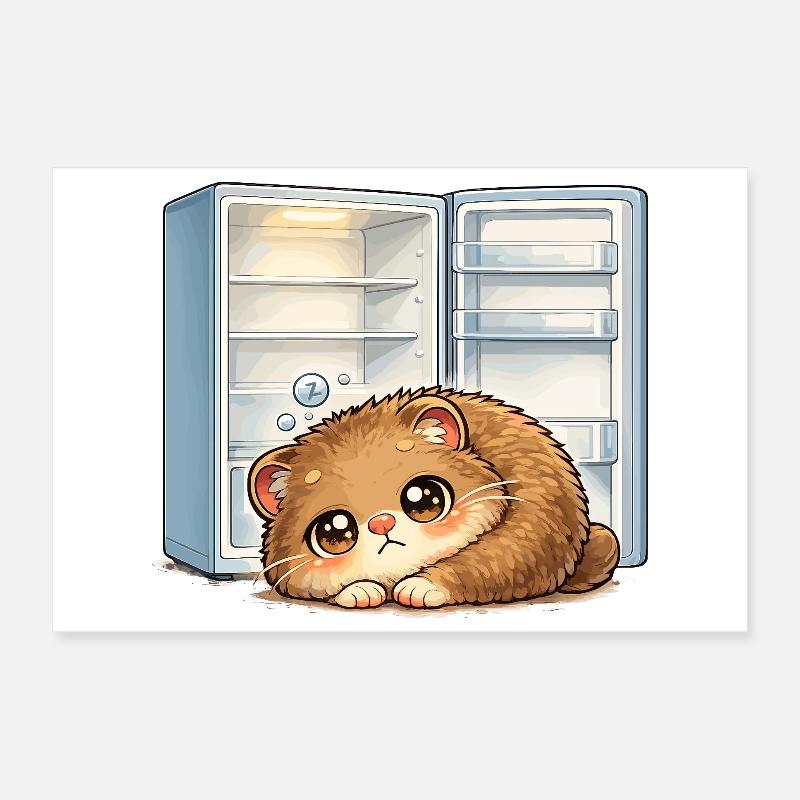 Petit chat devant un réfrigérateur ouvert Poster 30 x 20 cm