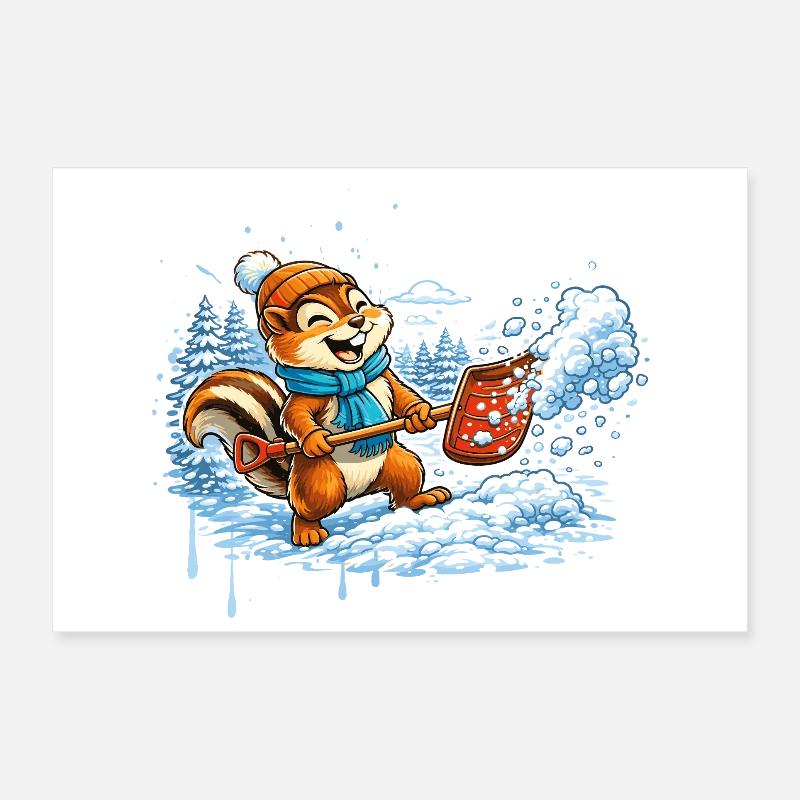 Streifenhörnchen beim Schneeschippen – Winterspaß Poster 30x20 cm