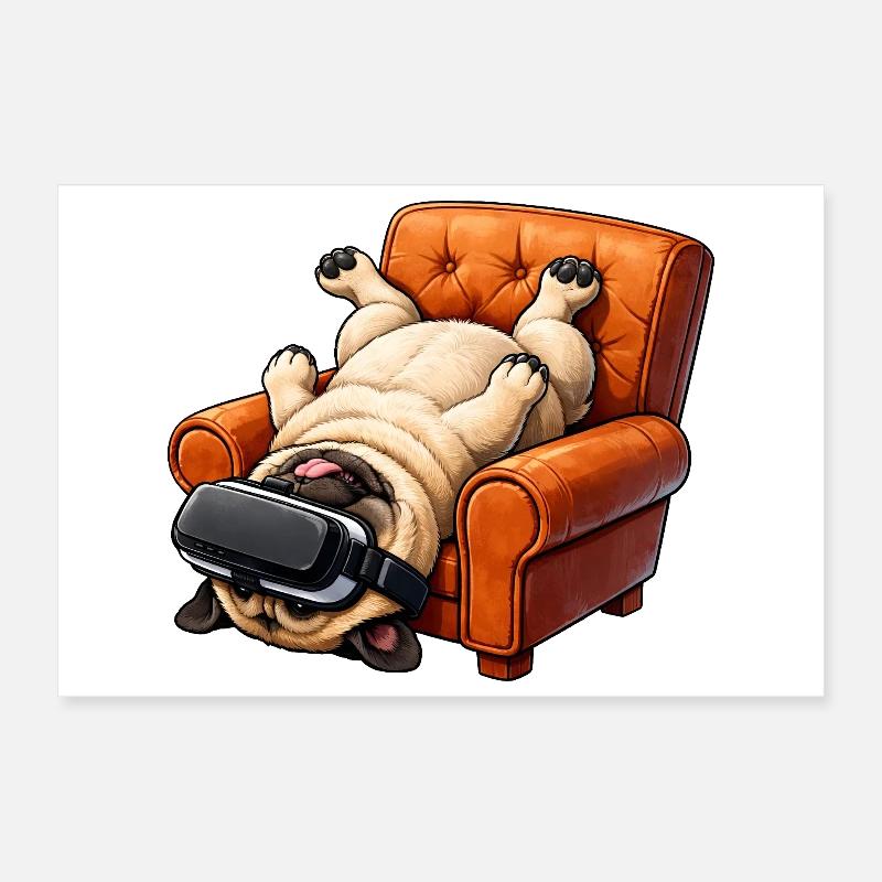 Mops mit VR Brille im Sessel Poster 30x20 cm