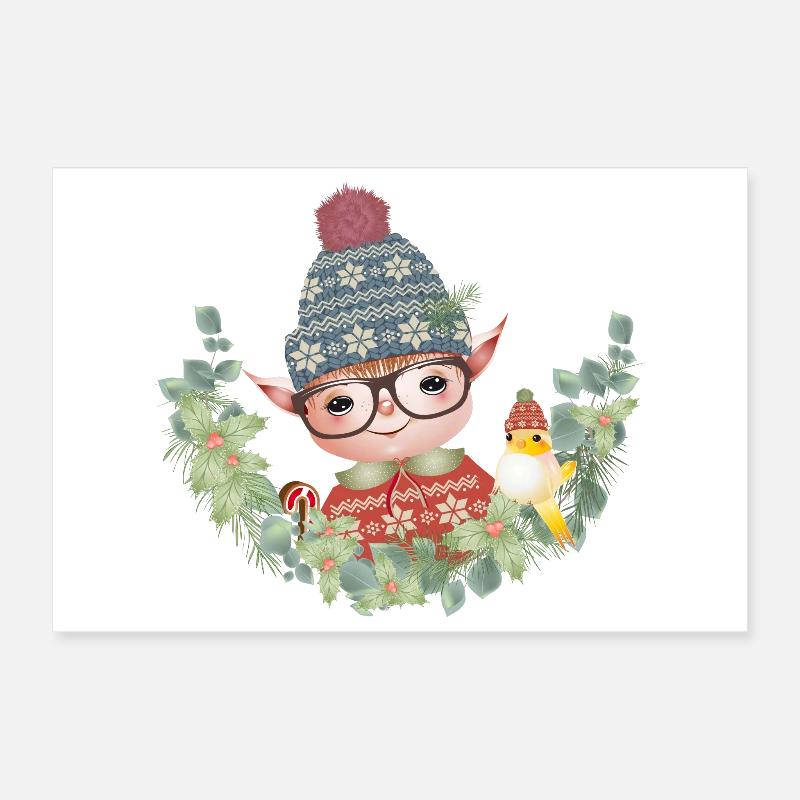 Adorable lutin de Noël mignon avec oiseau Poster 30 x 20 cm