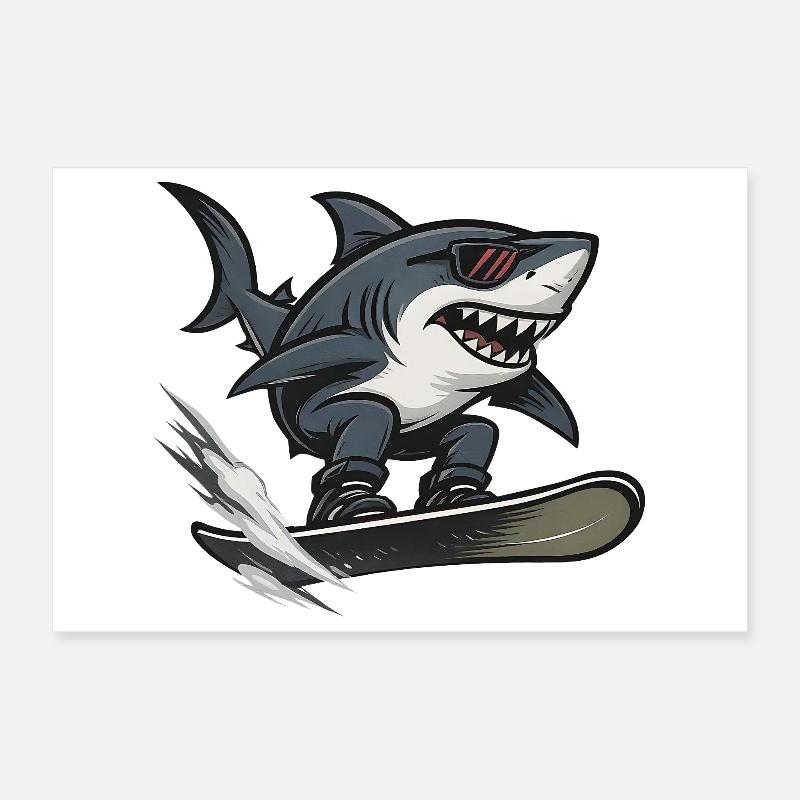 Requin surfeur avec des lunettes de soleil style dessin animé Poster 30 x 20 cm