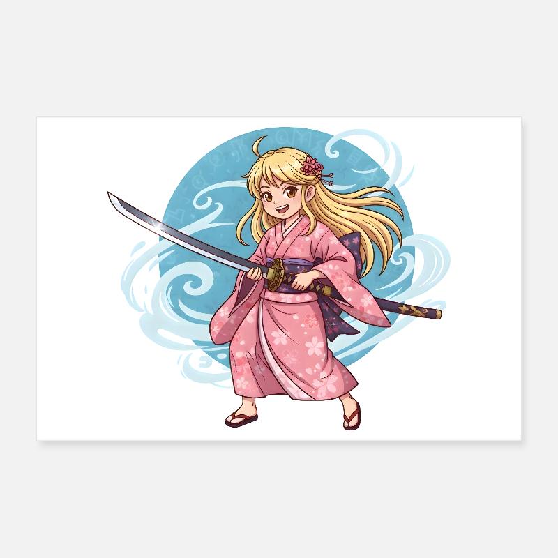 Fille samouraï d’anime en kimono avec un katana Poster 30 x 20 cm