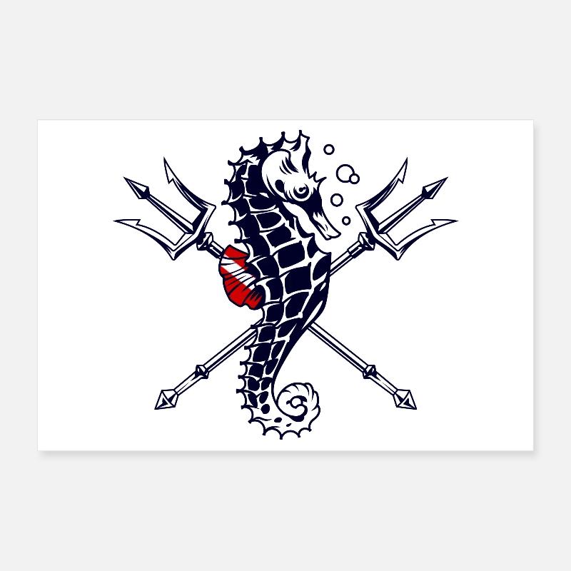 Scuba Diver Trident Seahorse Poster 12" x 8" (30x20 cm)