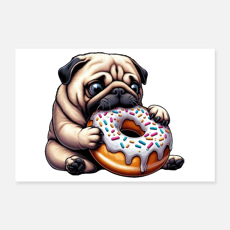 Cute Pug with Donut Cartoon Funny Snacking Poster 12" x 8" (30x20 cm)