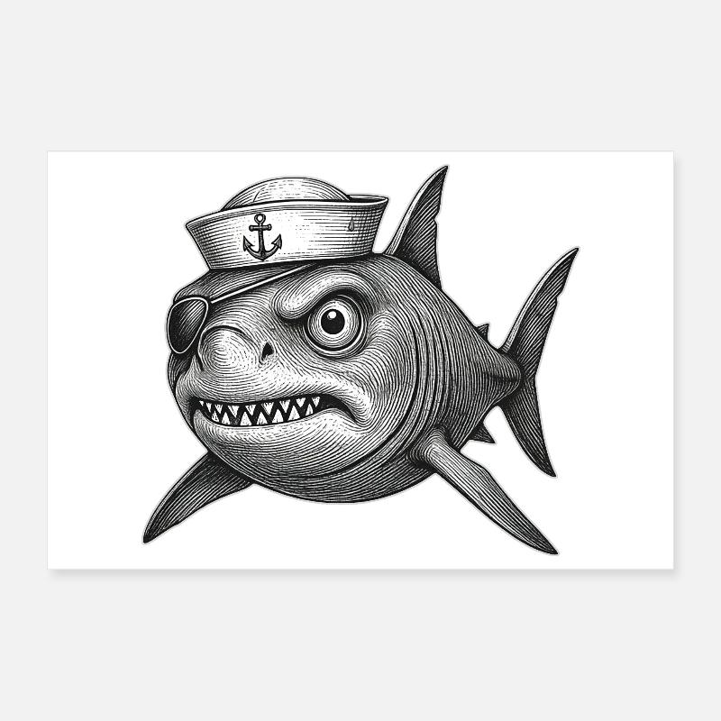 The grumpy Captain Shark Poster 12" x 8" (30x20 cm)