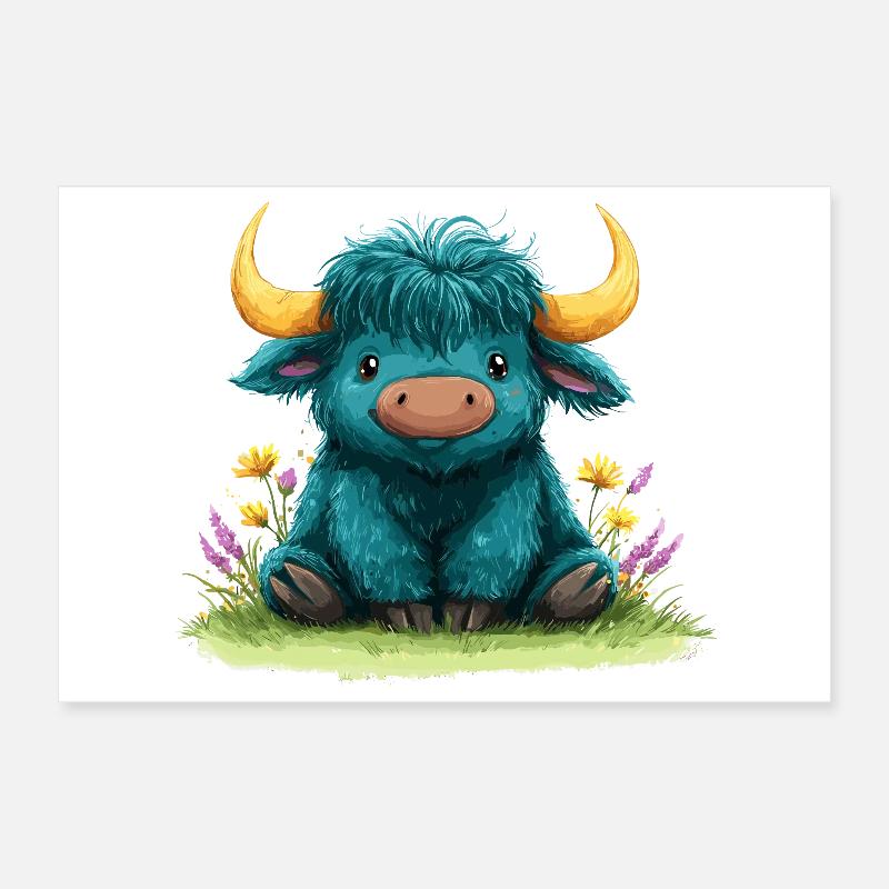 Yak bleu dans une mer de fleurs Poster 30 x 20 cm