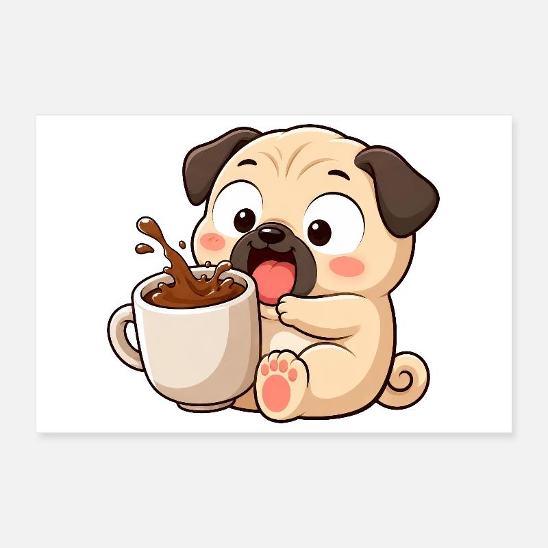 Carlin mignon Café Coffee Lover Dessin animé drôle Poster 30 x 20 cm
