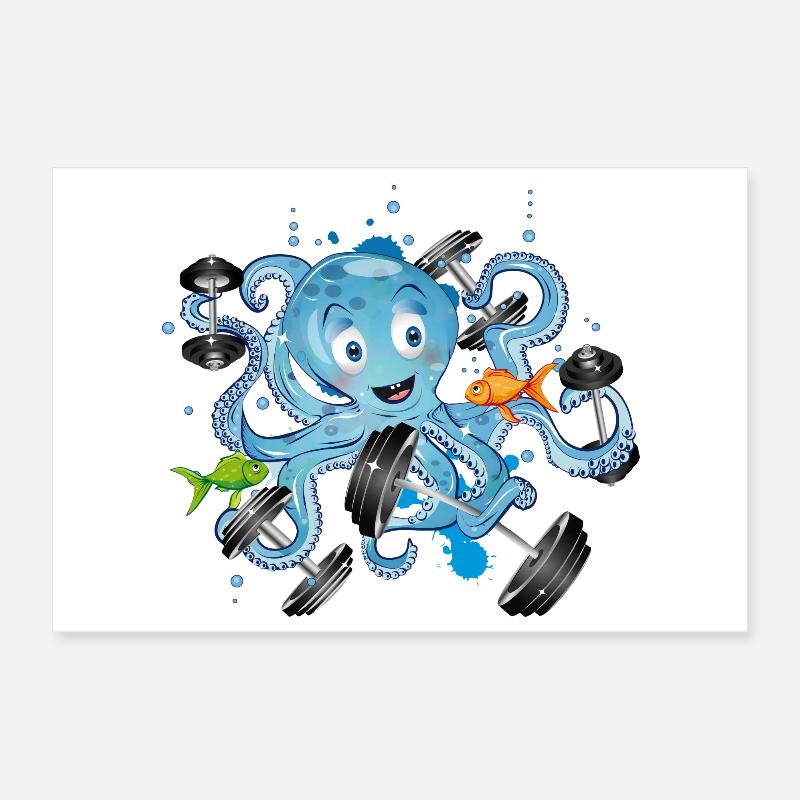 Bodybuilder octopus with dumbbells while exercising Poster 12" x 8" (30x20 cm)