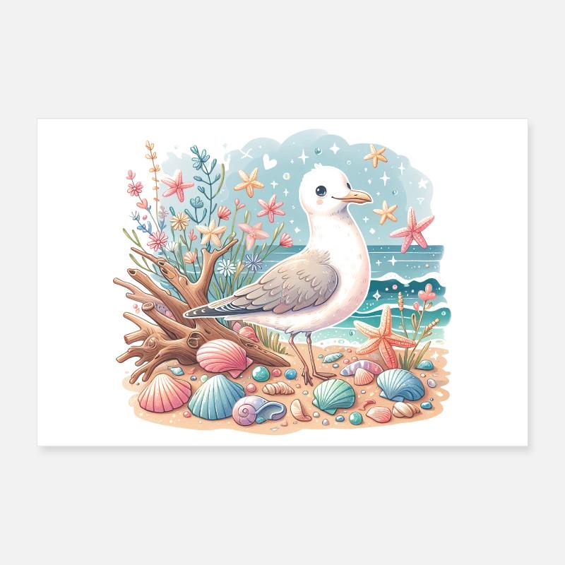 Seagull Beach Shells Maritime Coast Poster 12" x 8" (30x20 cm)