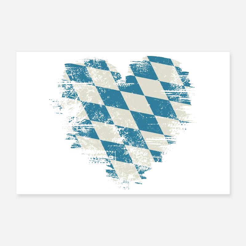 Retro Bavaria Heart with Blue White Diamond Pattern Poster 12" x 8" (30x20 cm)