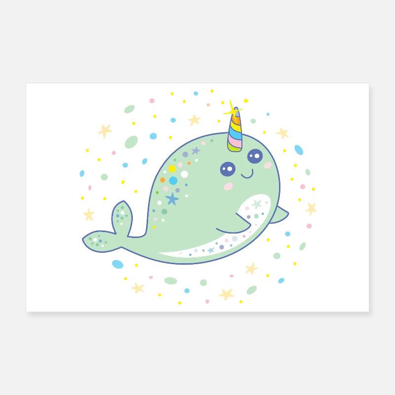 Couleurs pastel mignonnes de narval licorne Kawaii Poster 30 x 20 cm