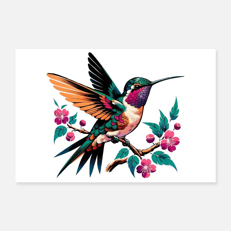 Lebendiger Kolibri auf blühendem Ast Poster 30x20 cm