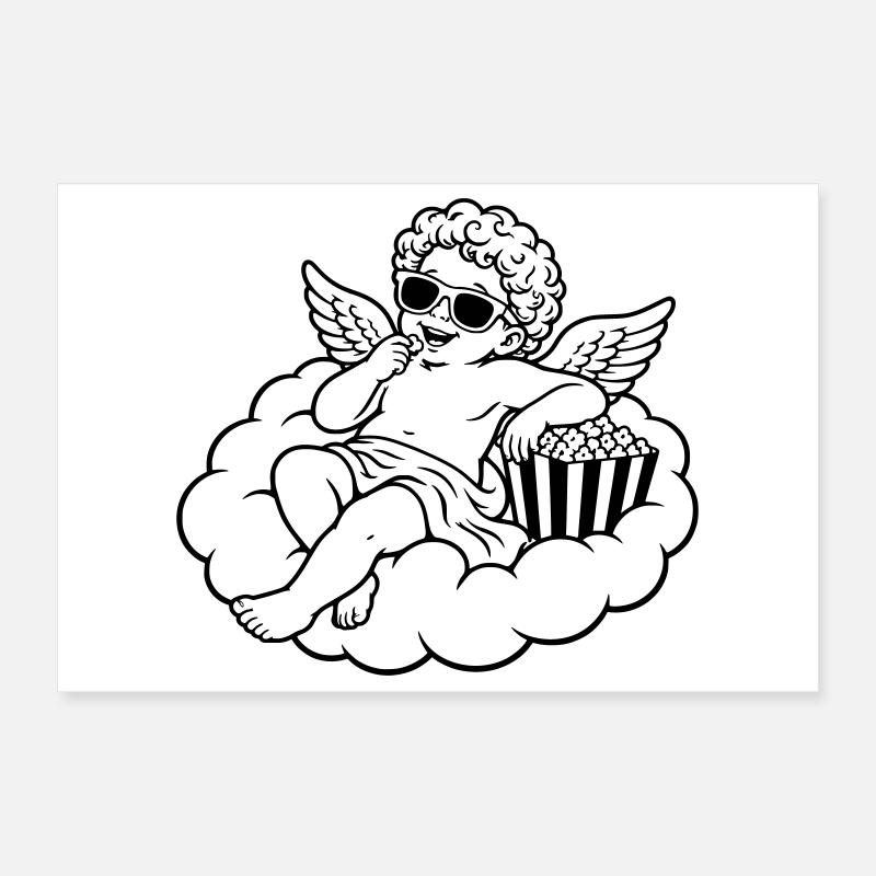 Un chérubin frissonne avec du pop-corn sur un nuage Poster 30 x 20 cm