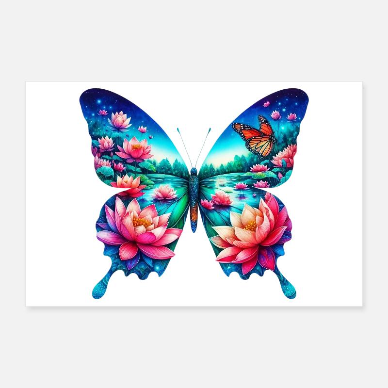 Papillon, fleurs de lotus, fleur, étang, lac zen Poster 30 x 20 cm