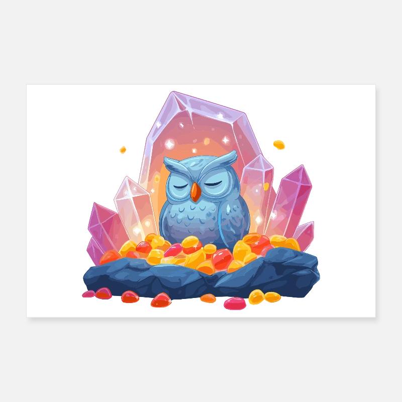 Meditating Owl Crystal Cave Poster 12" x 8" (30x20 cm)