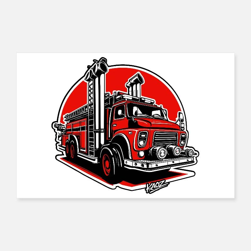 Crimson Fire Engine Illustration Poster 12" x 8" (30x20 cm)